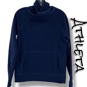 Athleta Hurdle Wrap Neck Pullover Navy Blue Kangaroo Pocket Wool Blend Womens S